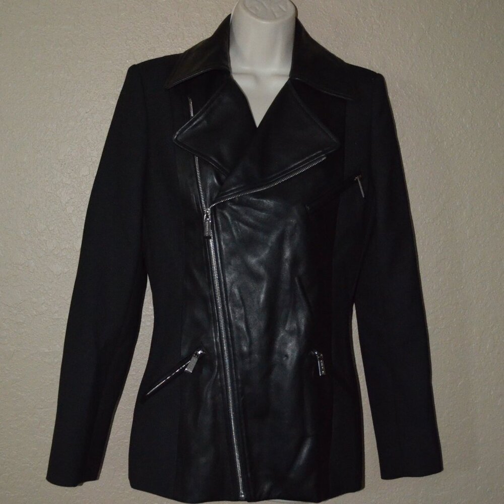 NWOT $2375 Sz 38 4 Barbara Bui Black Leather Contrast Asymmetrical Zip J…
